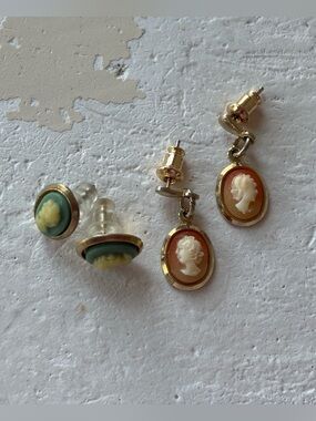 Gold-Tone Cameo Drop and Stud Earrings in Green and Coral